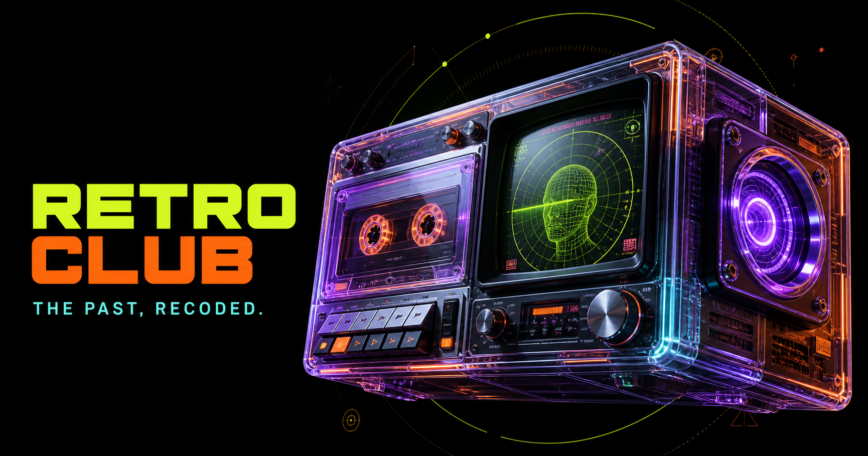 Retro Club: The Past, Recoded — a neon transparent 3D retro cassette, CRT and AI signal machine